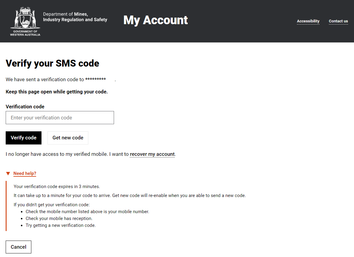 My Account Help Book: Verify your sms code